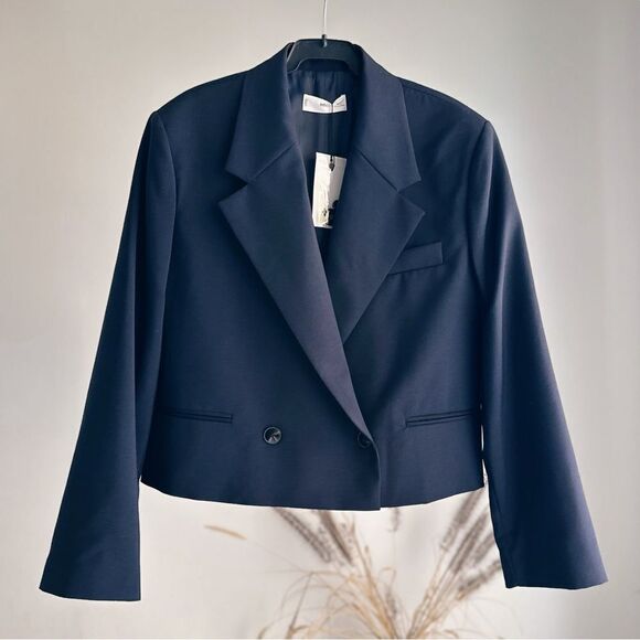 Mango Jackets & Blazers - 100% Wool Mango Cropped Blazer Navy
